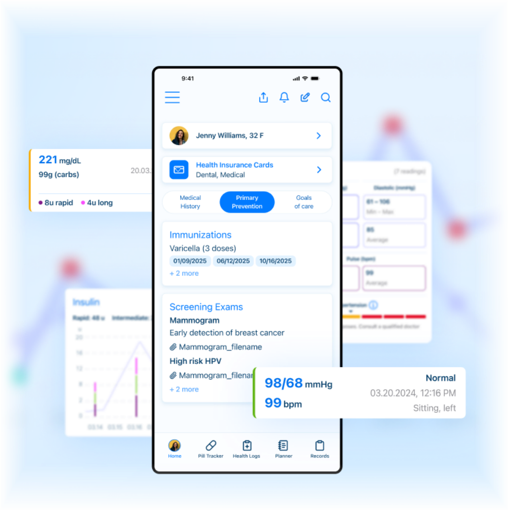 Kaam Care mobile app showing patient medical history, immunizations, and vital signs