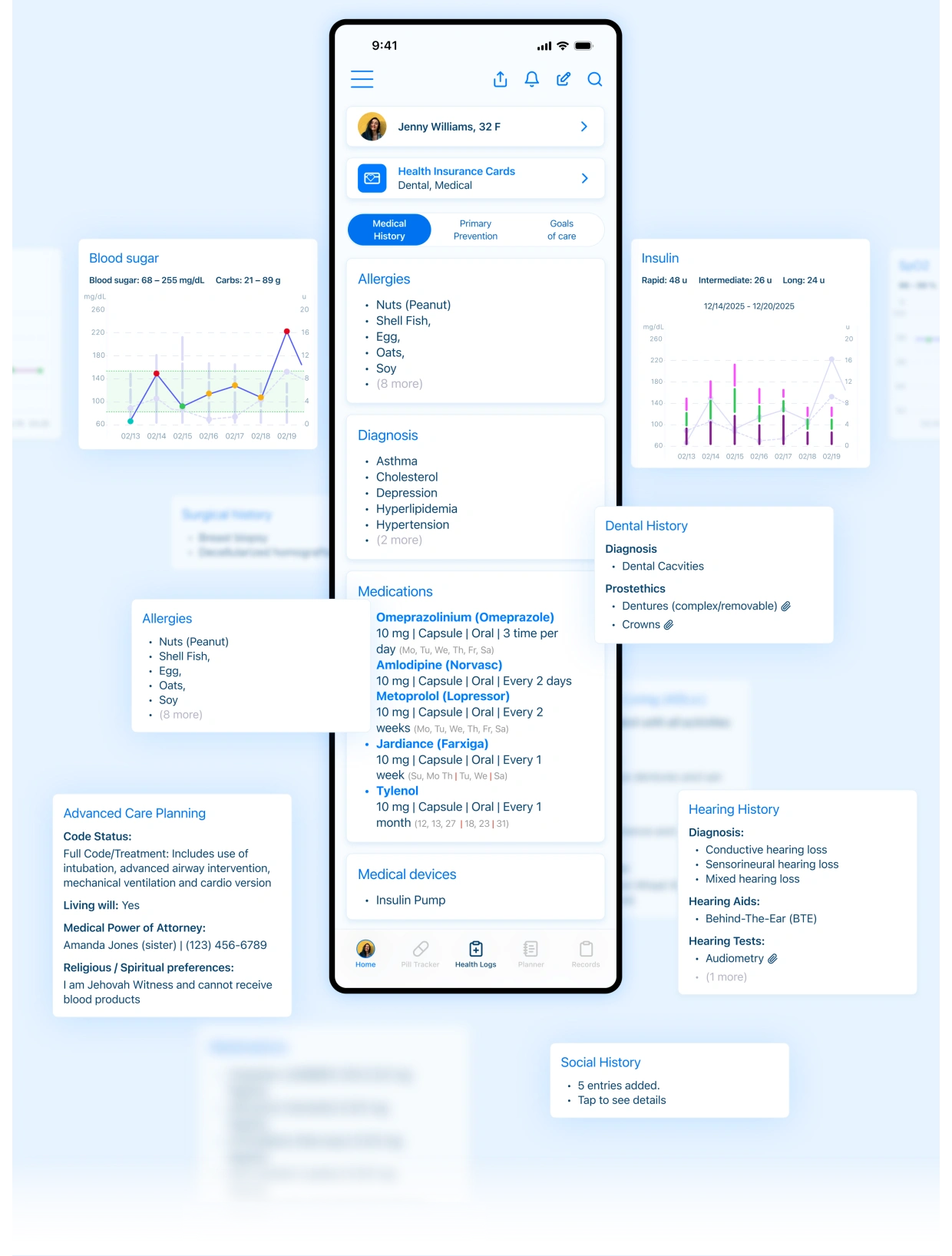 Kaam Care health dashboard phone with floating medical history cards