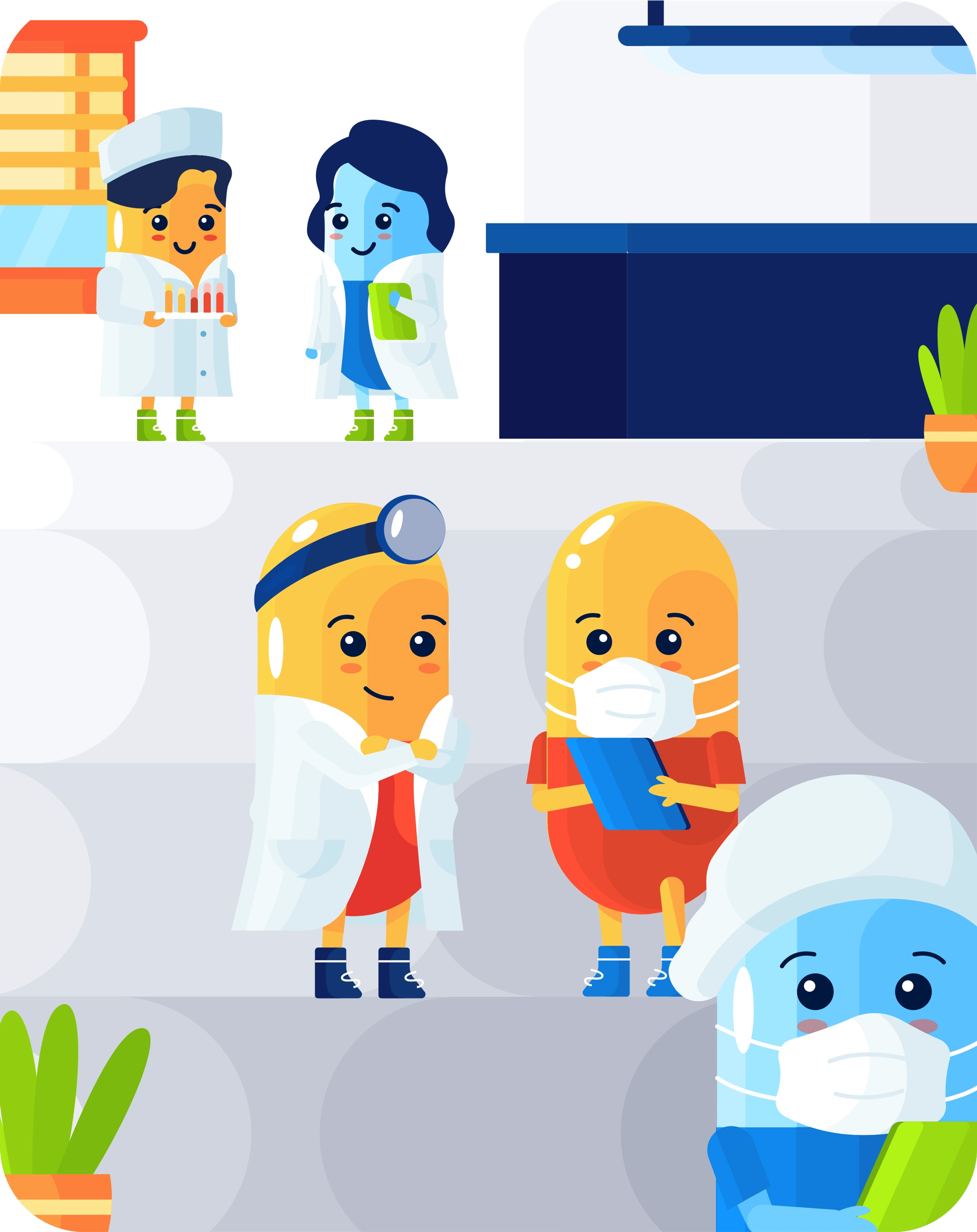 Kaam Care capsule characters as doctors and nurses representing healthcare for everyone