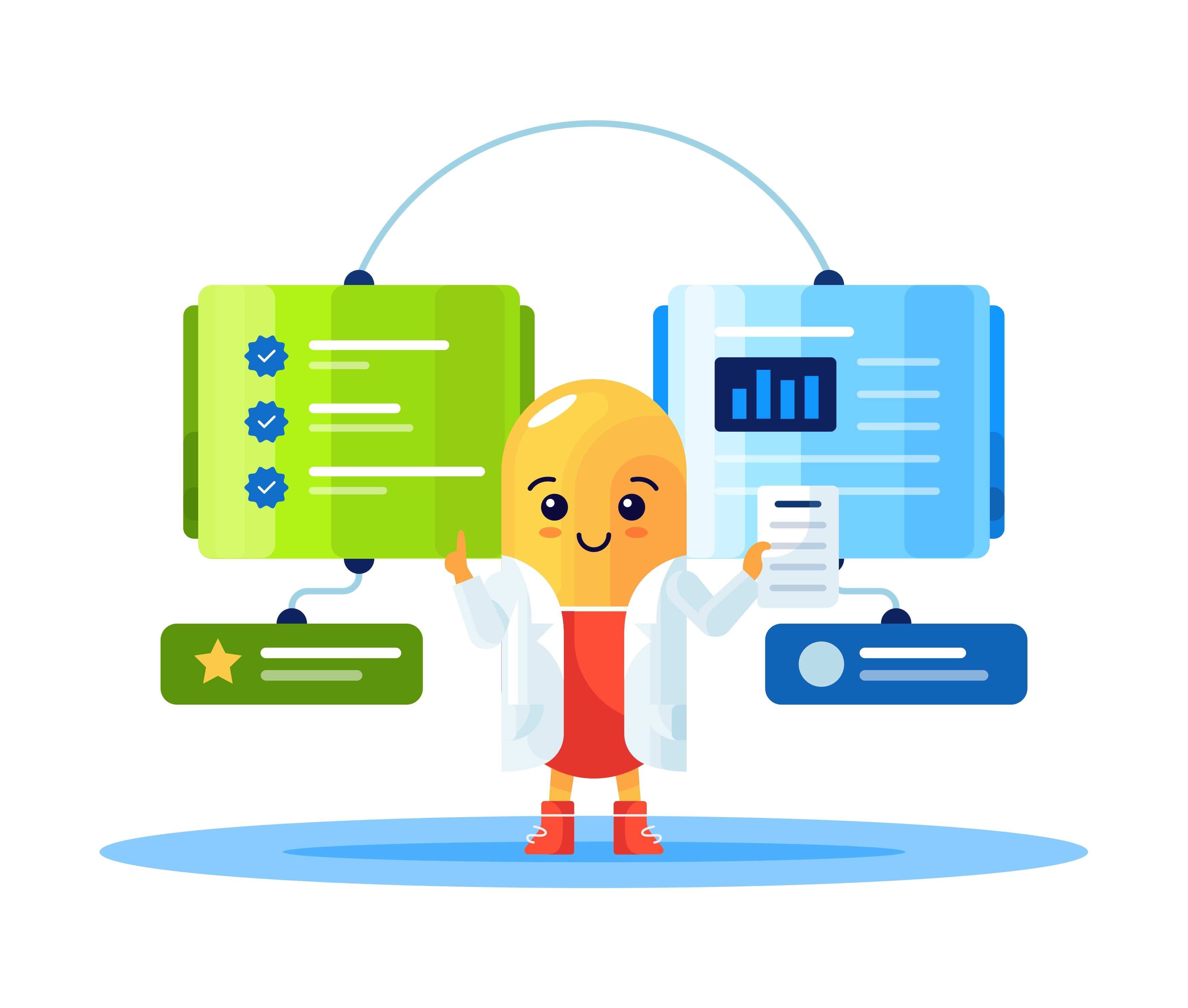 Kaam Care capsule character with quality checklists, charts, and service cards