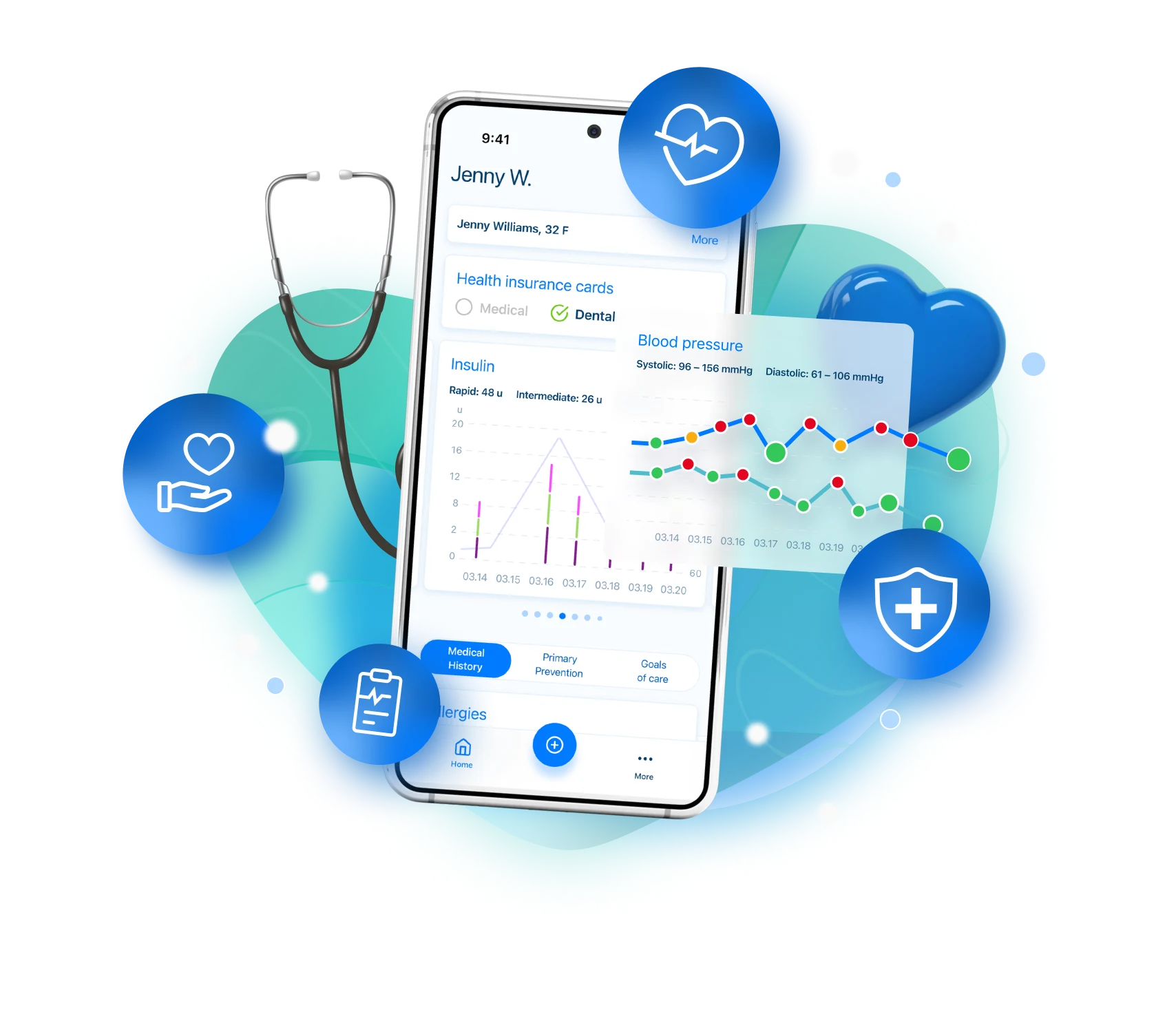 Kaam Care Medical Portfolio on a phone, with health insurance, insulin, and blood pressure cards