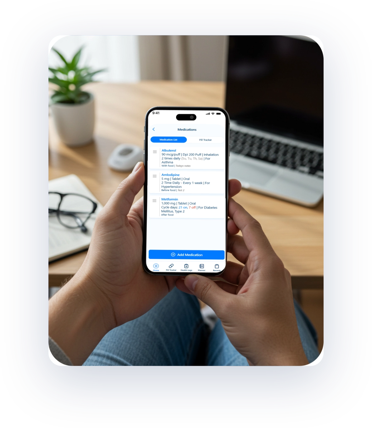 Kaam Care app showing a monthly medication calendar and prescription details