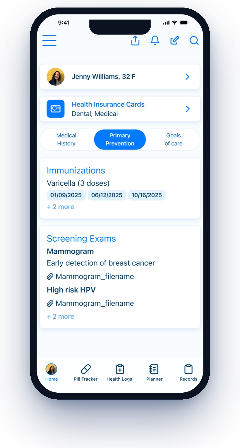 Kaam Care app showing health records, immunizations, and screening exams
