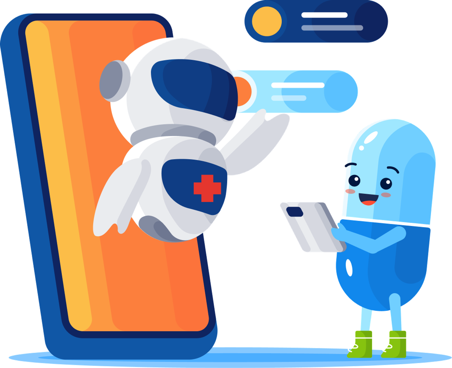 A Kaam Care AI assistant emerging from a phone to help a character